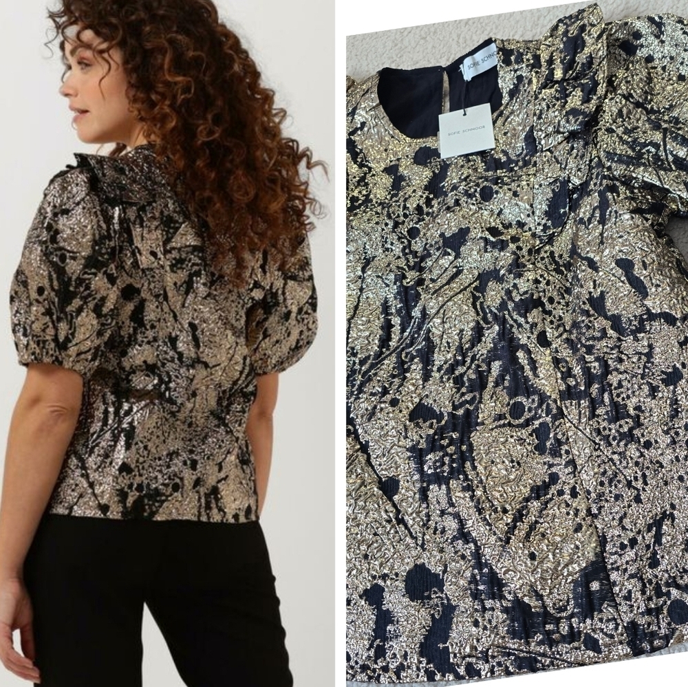 NWT Sofie Schnoor Elegant Black And Gold Puff Short Sleeve Top Size XS